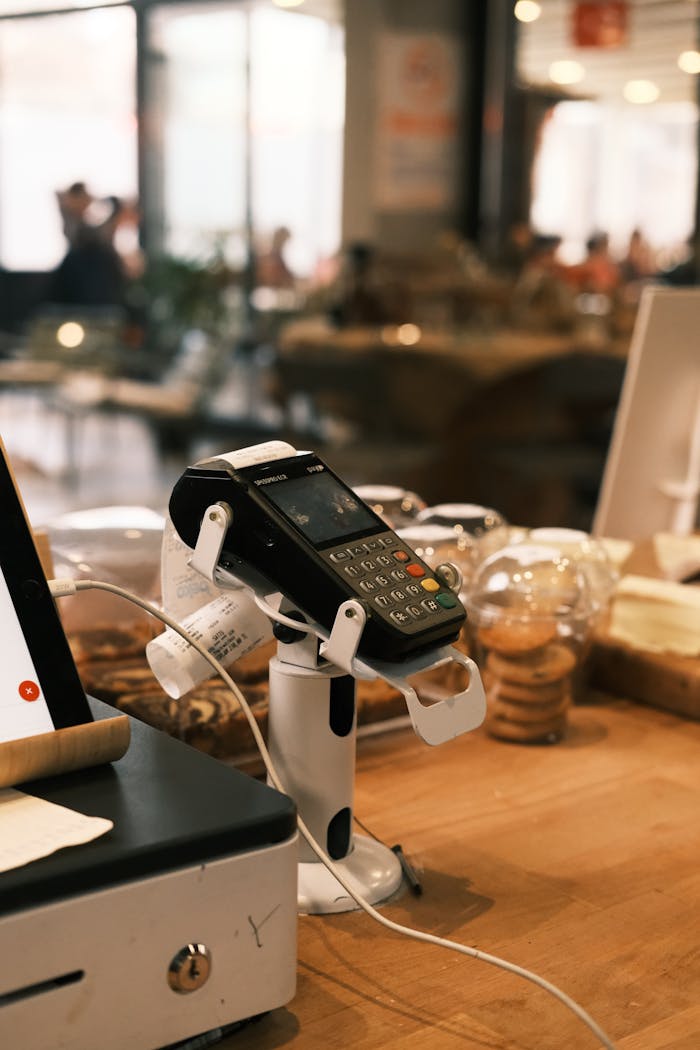 A digital payment terminal on a cozy café counter, suggesting a modern lifestyle.